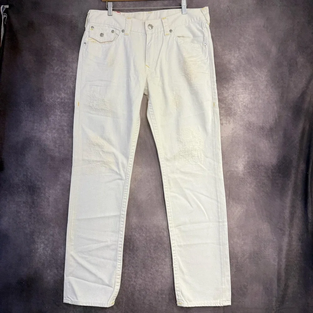 True Religion Section Slim Jeans Mens 36x32 White Denim Straight Distressed